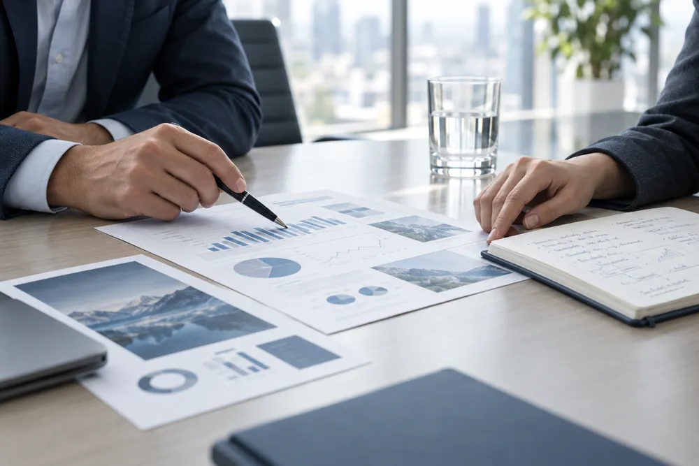 Hands over a conference table with printed presentation notes and a chart