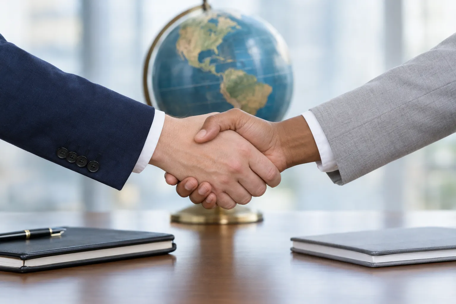 Two professionals shaking hands across a meeting table, a globe in the background