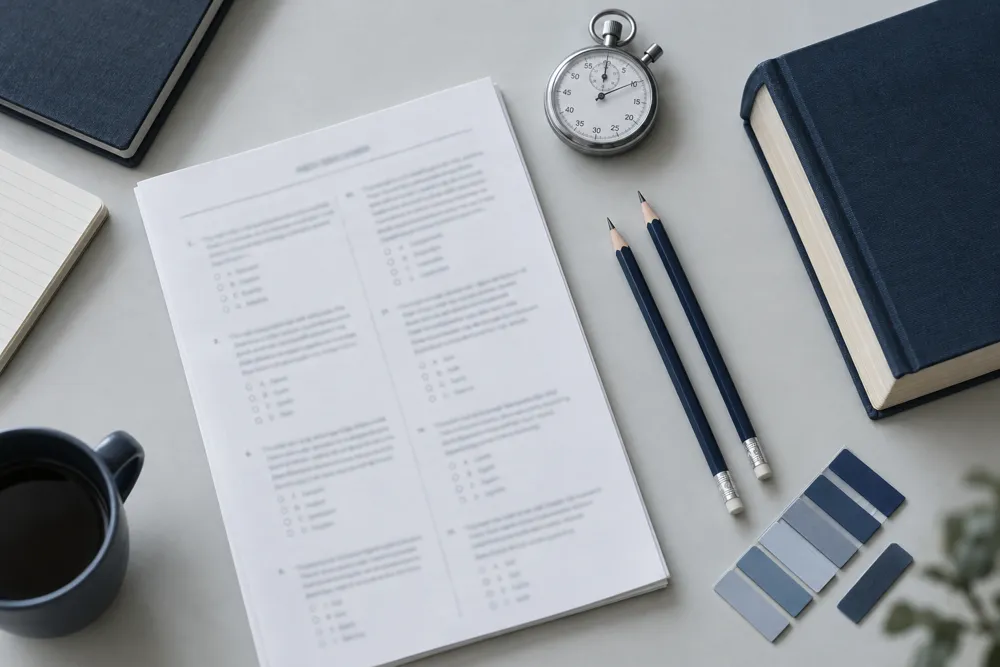 Exam practice booklet, stopwatch and pencils on a desk