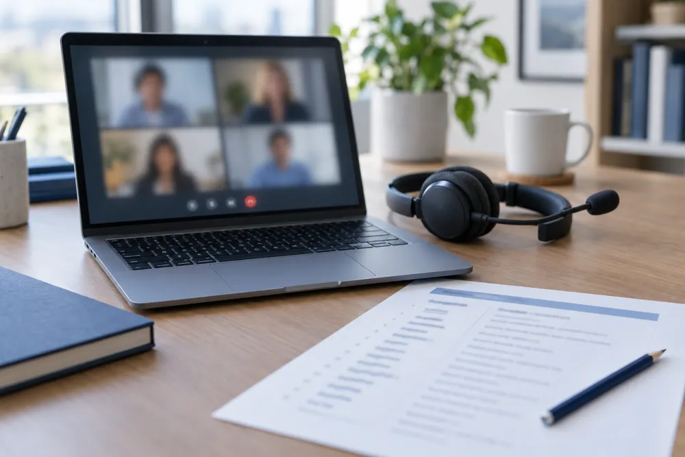 Laptop showing a video call next to a headset and a vocabulary sheet
